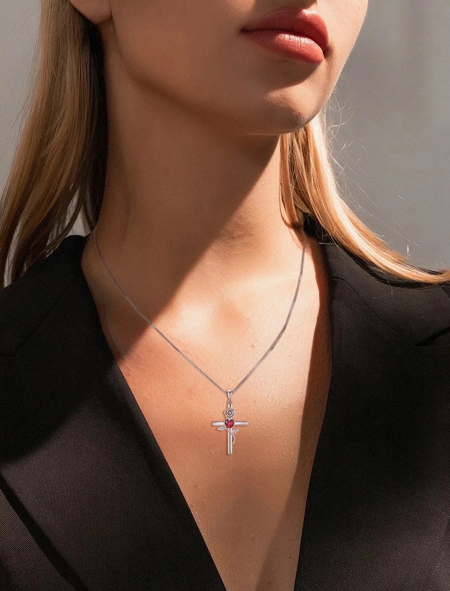 Cross Pendant Necklace Sterling Silver Infinite Rose Flower Necklace Women Faith Jewelry Gift with July Birthstone Created Ruby