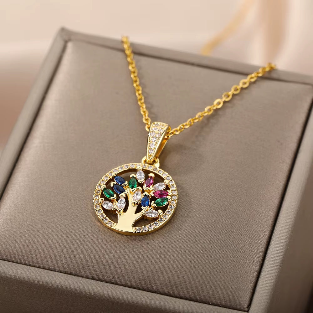 Brass Necklace with Color Zircon Inlaid Hollow Tree Pendant