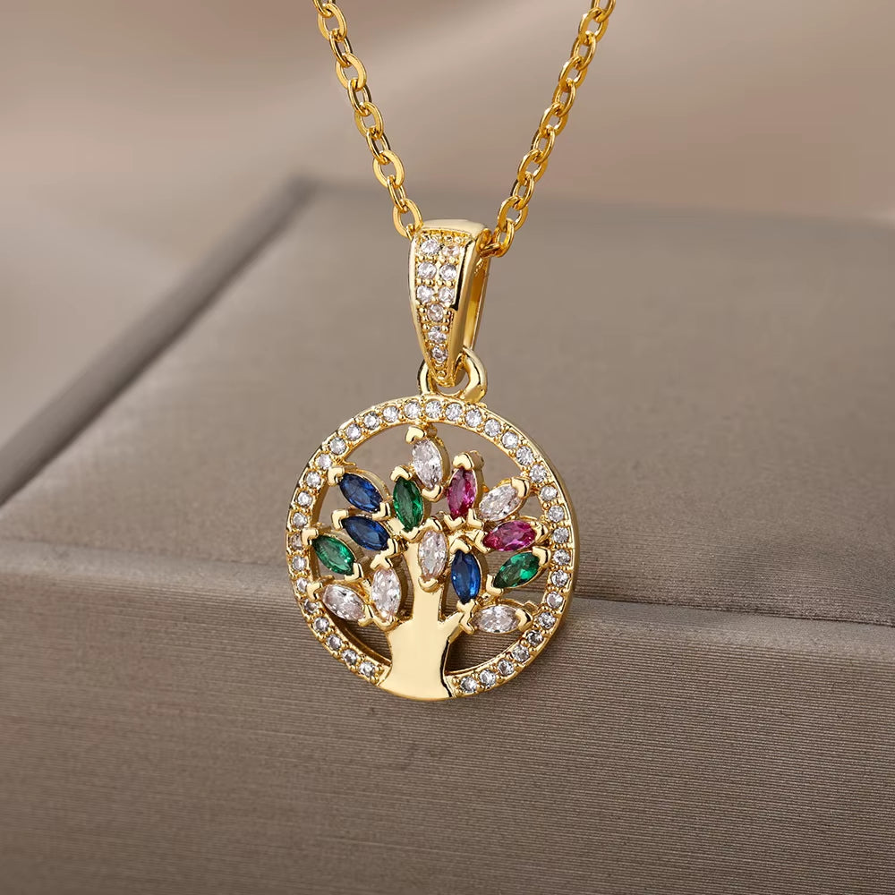 Brass Necklace with Color Zircon Inlaid Hollow Tree Pendant