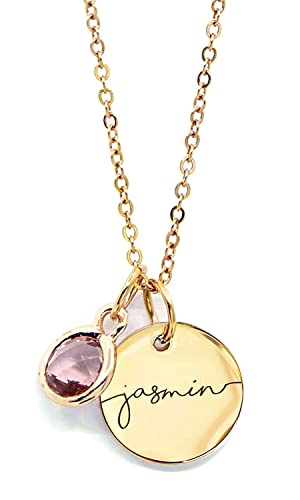 Personalized Name Necklace Gold Plated Disc Pendant with Birthstone Charm, Custom Jewelry Gift for Women, Birthday and Holiday Necklace, Personalized Gifts for New Moms - PlumOnyx