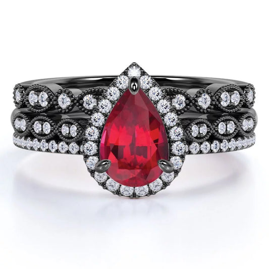 1.75 Carat Teardrop Vintage Ruby Trio Ring Set in 18K Black Gold over Silver