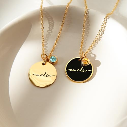 Personalized Name Necklace Gold Plated Disc Pendant with Birthstone Charm, Custom Jewelry Gift for Women, Birthday and Holiday Necklace, Personalized Gifts for New Moms - PlumOnyx