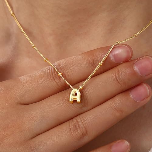 Personalized Bubble Letter Necklace - Layered Gold Initial Tiny Small Pendent Necklaces for Women, Dainty Gold Initial Choker Paperclip Chain Necklace Gold Jewelry for Women Gifts - PlumOnyx