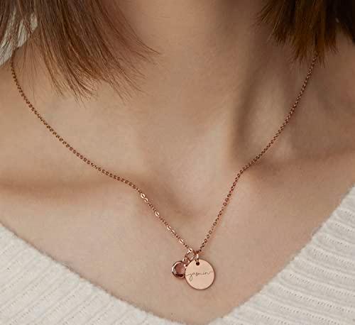 Personalized Name Necklace Gold Plated Disc Pendant with Birthstone Charm, Custom Jewelry Gift for Women, Birthday and Holiday Necklace, Personalized Gifts for New Moms - PlumOnyx