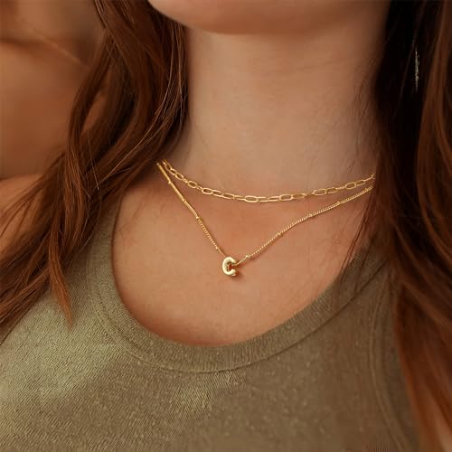 Personalized Bubble Letter Necklace - Layered Gold Initial Tiny Small Pendent Necklaces for Women, Dainty Gold Initial Choker Paperclip Chain Necklace Gold Jewelry for Women Gifts - PlumOnyx