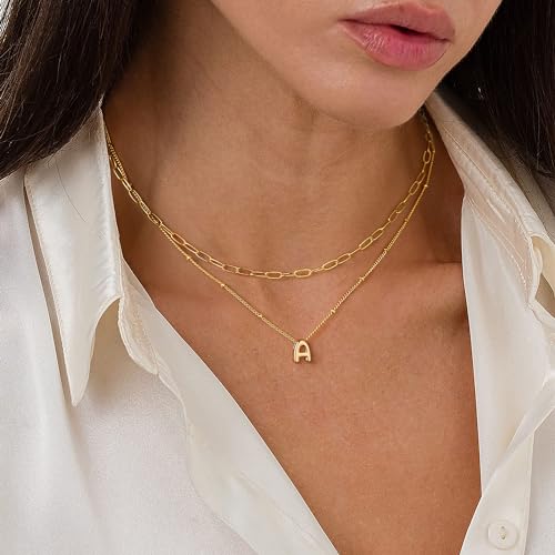 Personalized Bubble Letter Necklace - Layered Gold Initial Tiny Small Pendent Necklaces for Women, Dainty Gold Initial Choker Paperclip Chain Necklace Gold Jewelry for Women Gifts - PlumOnyx