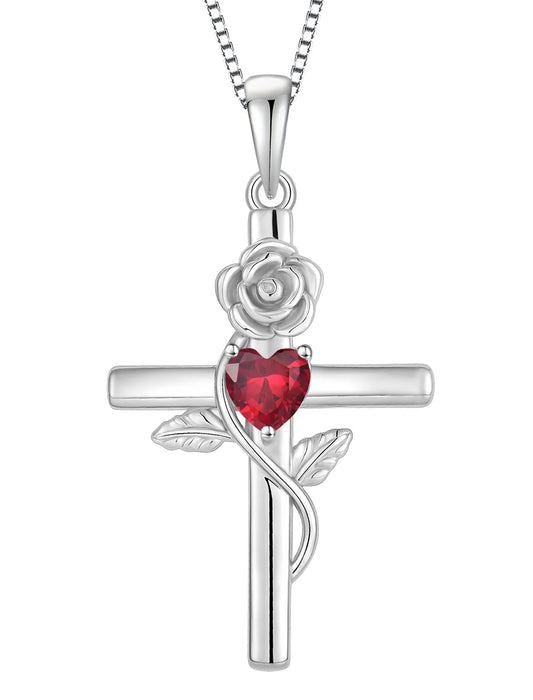 Cross Pendant Necklace Sterling Silver Infinite Rose Flower Necklace Women Faith Jewelry Gift with July Birthstone Created Ruby