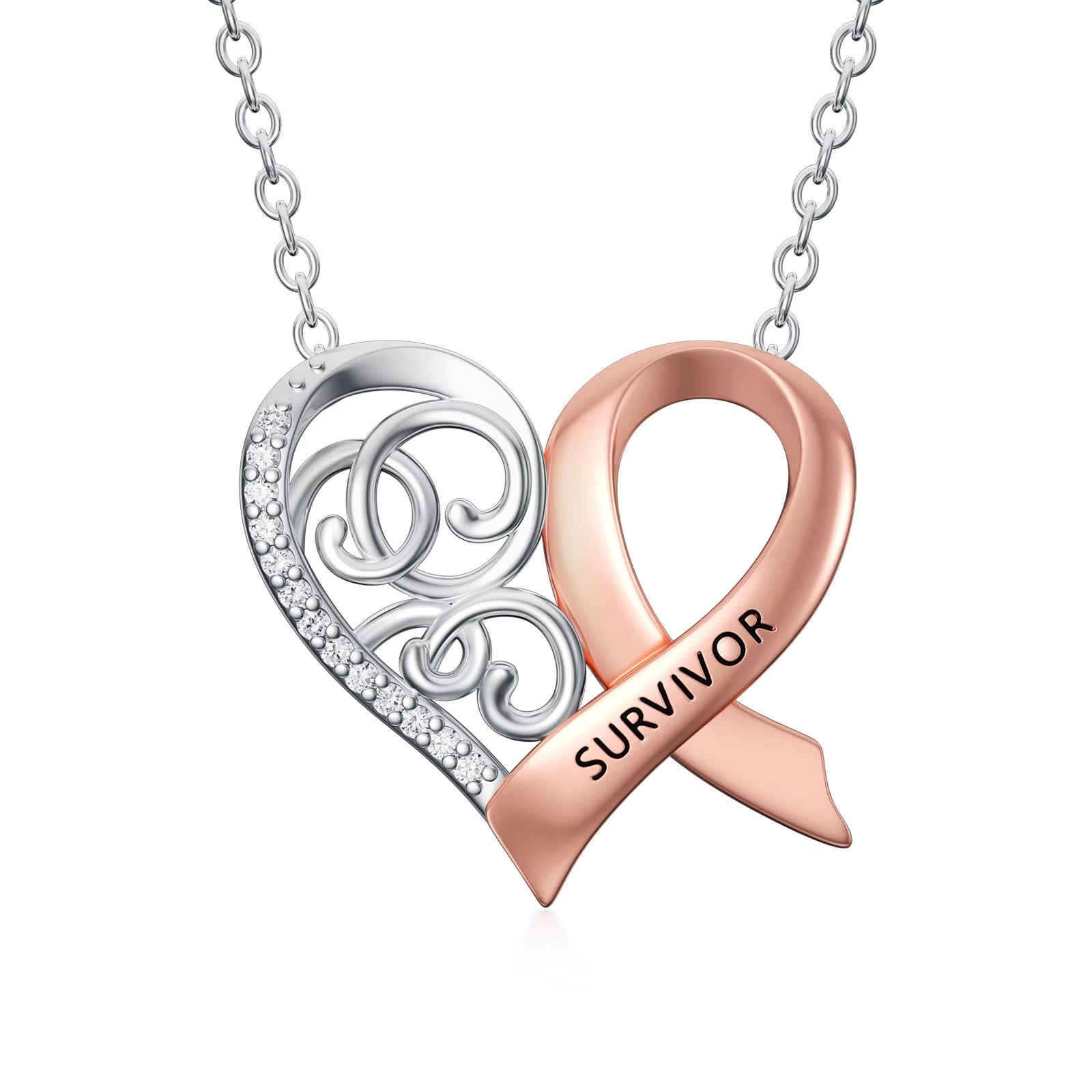 Fine Jewelry Gift 925 Sterling Silver Two Tone Heart Ribbon Necklace for Women