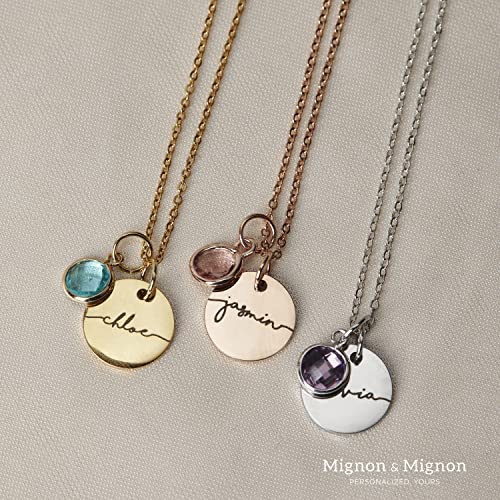 Personalized Name Necklace Gold Plated Disc Pendant with Birthstone Charm, Custom Jewelry Gift for Women, Birthday and Holiday Necklace, Personalized Gifts for New Moms - PlumOnyx