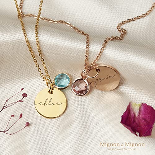 Personalized Name Necklace Gold Plated Disc Pendant with Birthstone Charm, Custom Jewelry Gift for Women, Birthday and Holiday Necklace, Personalized Gifts for New Moms - PlumOnyx