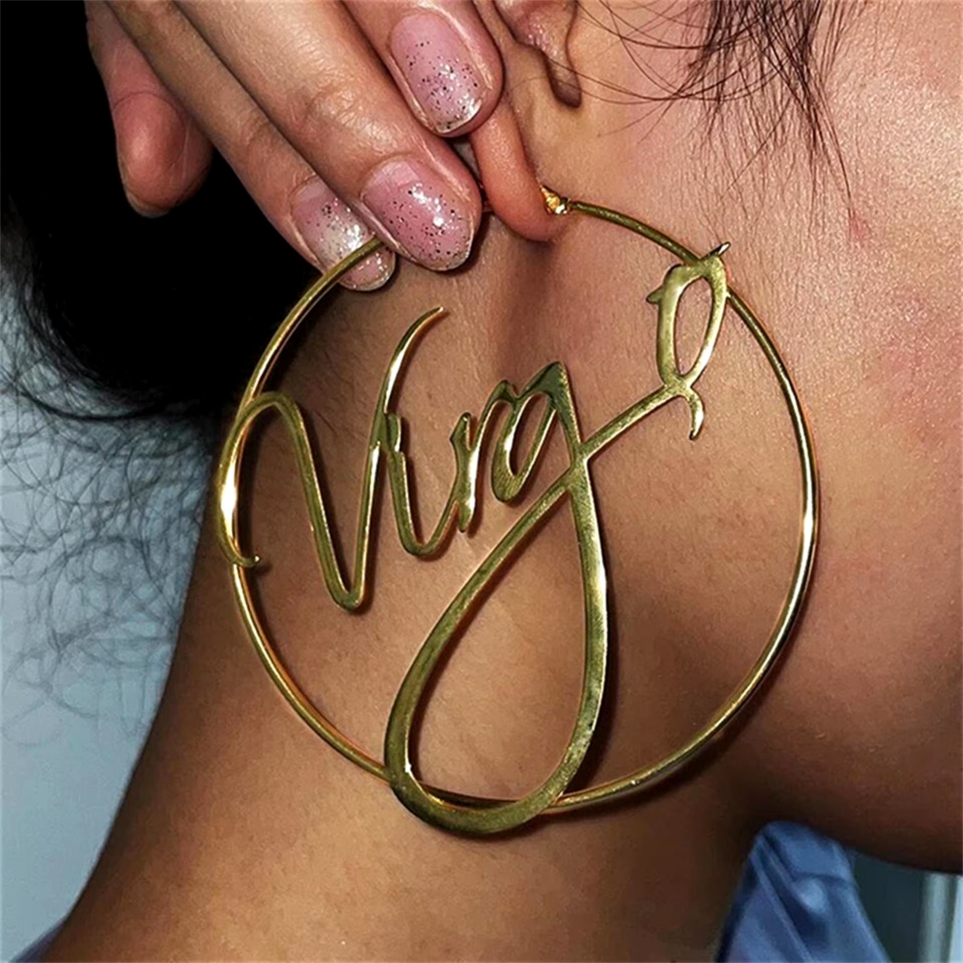 Hip Hop Custom Name Earrings Stainless Steel Plated Zodiac Big Hoop Earrings