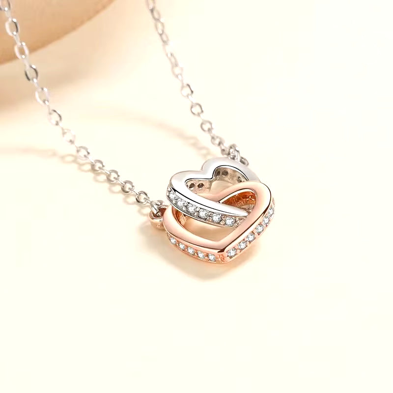 925 Sterling Silver Double Heart Necklace Pendant