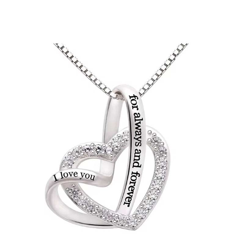 Sterling Silver "I Love You for and Forever" Love Heart Cubic Zirconia Necklace