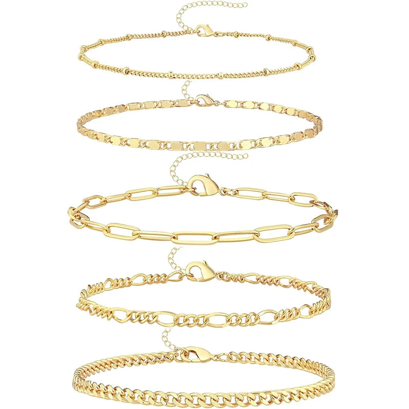 5-Piece Gold Plated Waterproof Ankle Bracelet Set – Layered Cuban, Figaro Link Chains for Women & Teen Girls