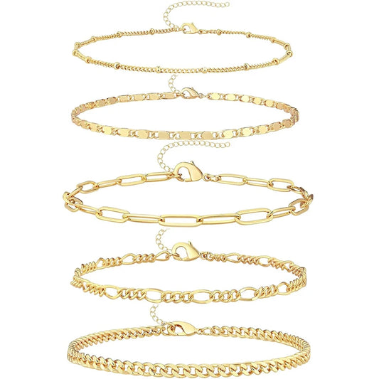 5-Piece Gold Plated Waterproof Ankle Bracelet Set – Layered Cuban, Figaro Link Chains for Women & Teen Girls