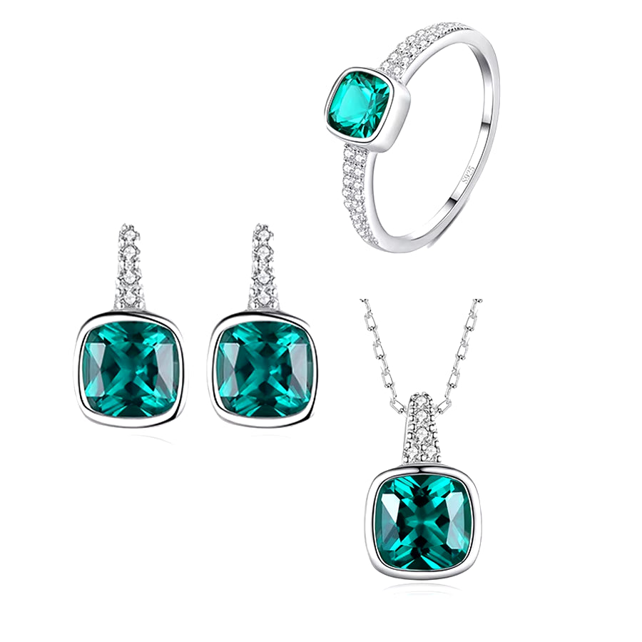 925 Sterling Silver Jewelry Set with Emerald Zirconia – Ring, Earrings & Necklace