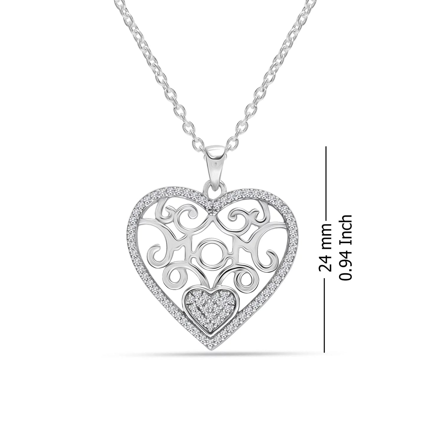 925 Sterling Silver Light-Weight Two-Tone Heart Pendant Necklace 18"