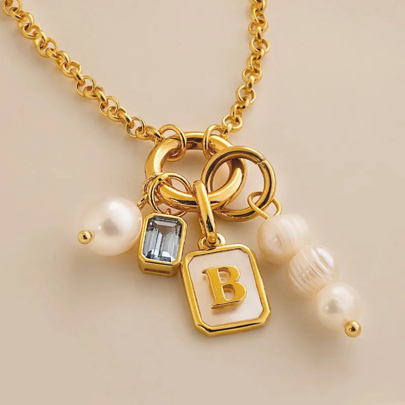 Custom Waterproof Stainless Steel CZ Pearl Initial Charm Necklace