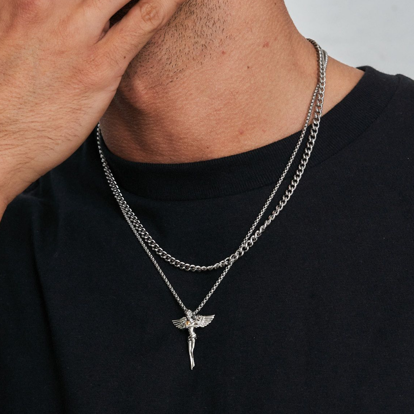 18K Gold Plated Stainless Steel Men's Anchor Necklace- Silver