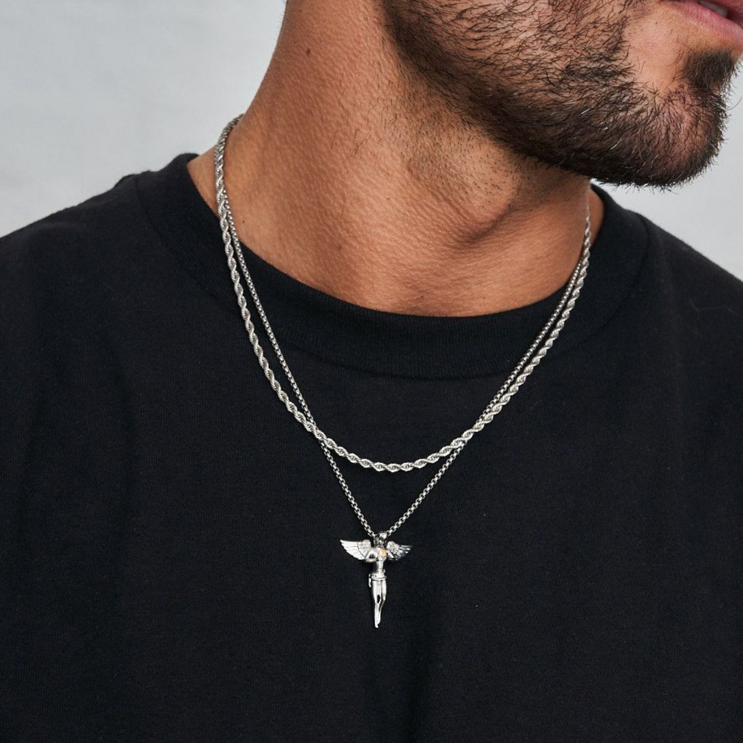 18K Gold Plated Stainless Steel Men's Anchor Necklace- Silver