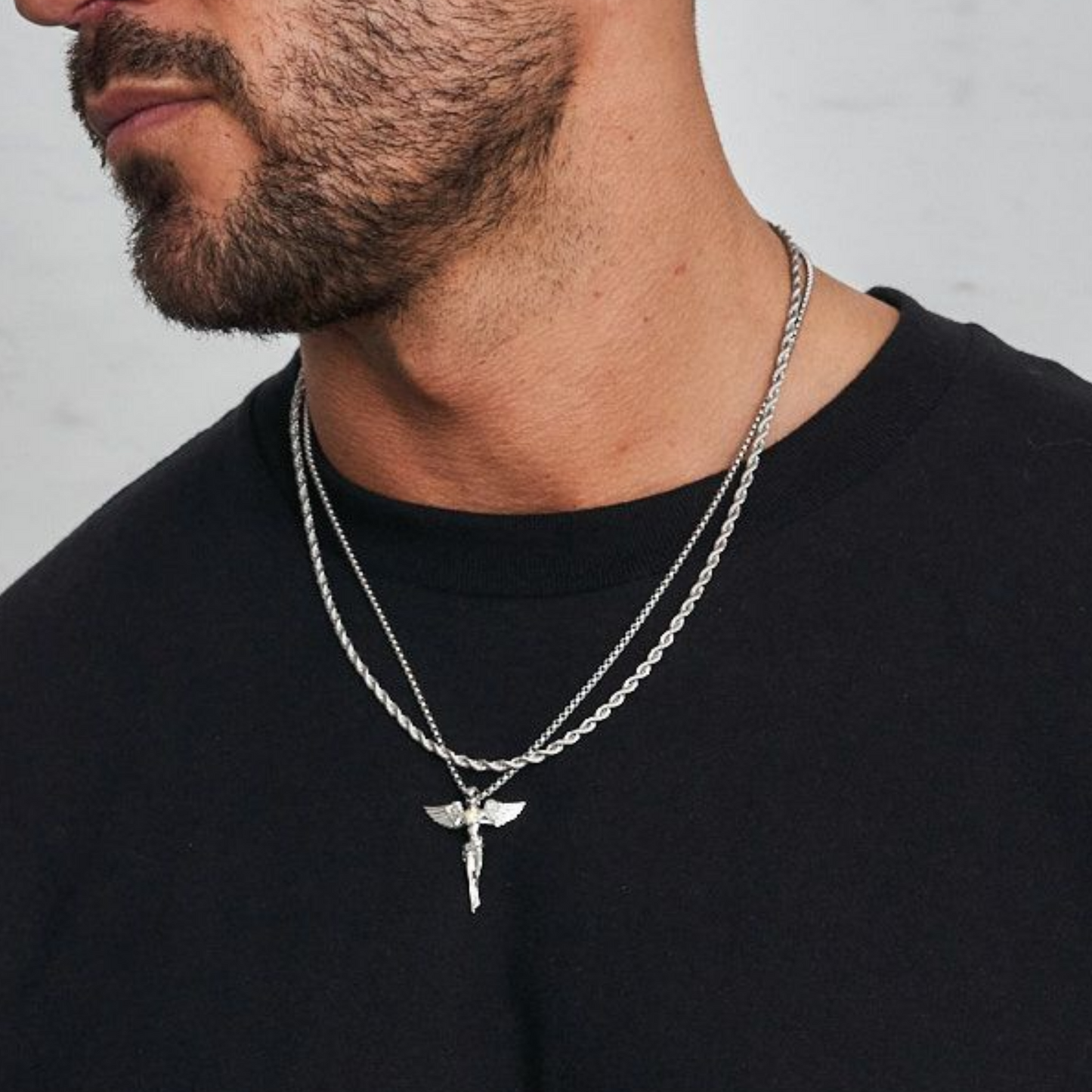 18K Gold Plated Stainless Steel Men's Anchor Necklace- Silver