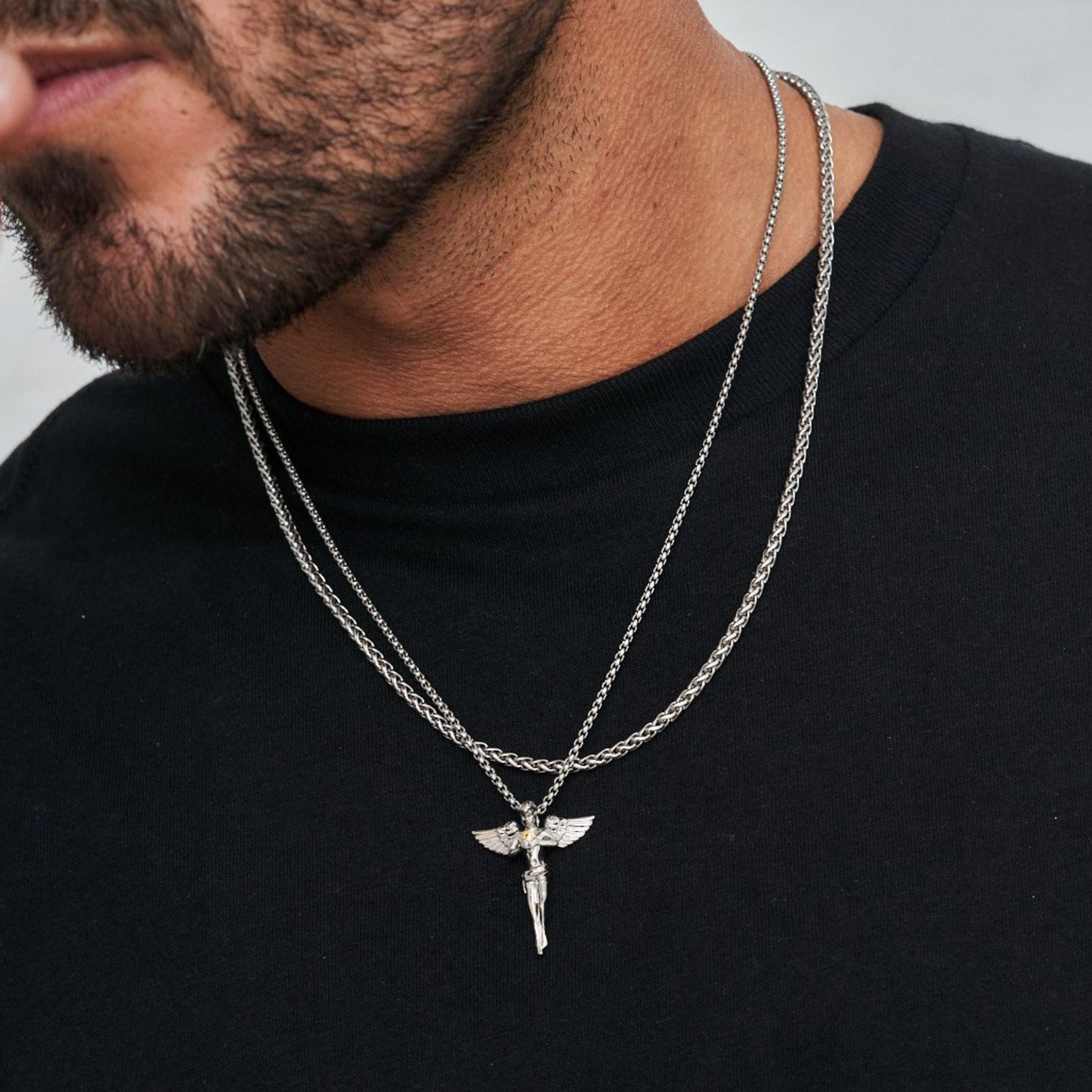 18K Gold Plated Stainless Steel Men's Anchor Necklace- Silver