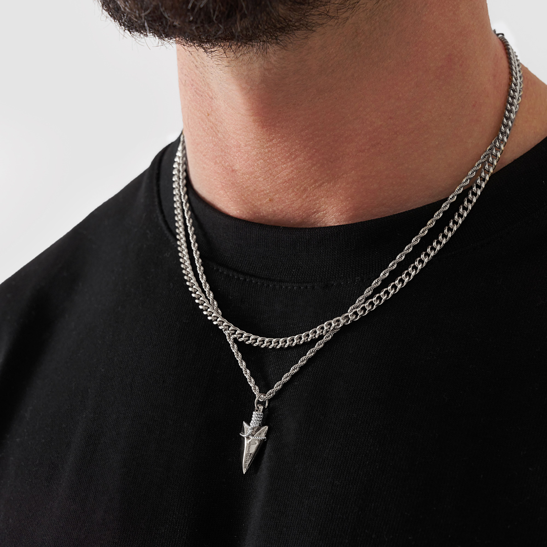 18K Gold Plated Stainless Steel Men's Anchor Necklace- Silver