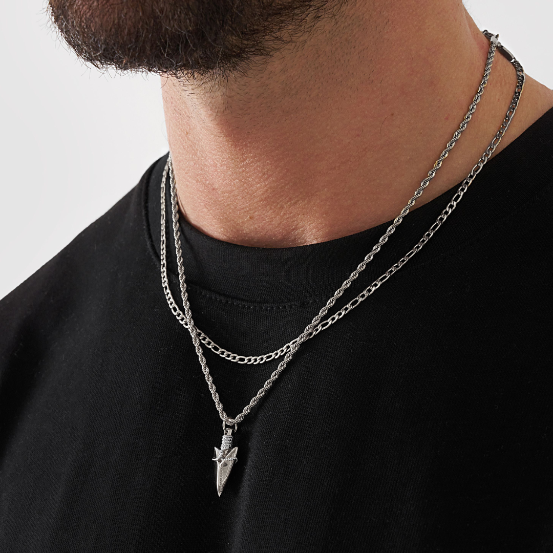 18K Gold Plated Stainless Steel Men's Anchor Necklace- Silver