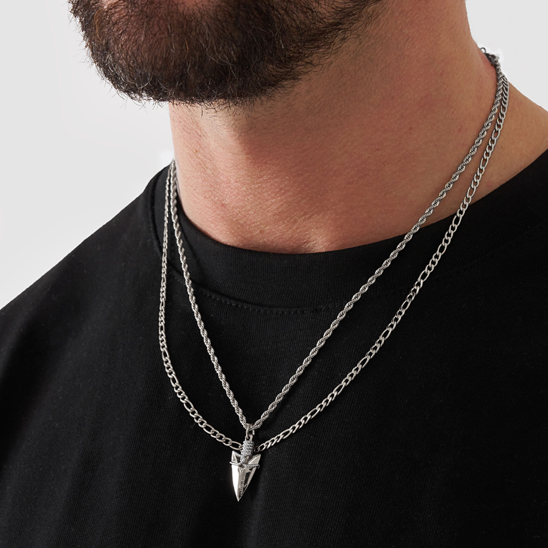 18K Gold Plated Stainless Steel Men's Anchor Necklace- Silver