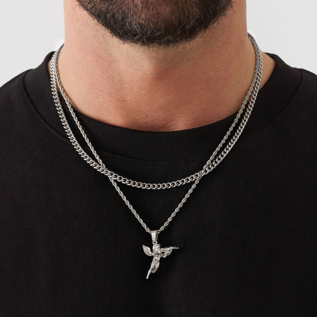 18K Gold Plated Stainless Steel Men's Anchor Necklace- Silver