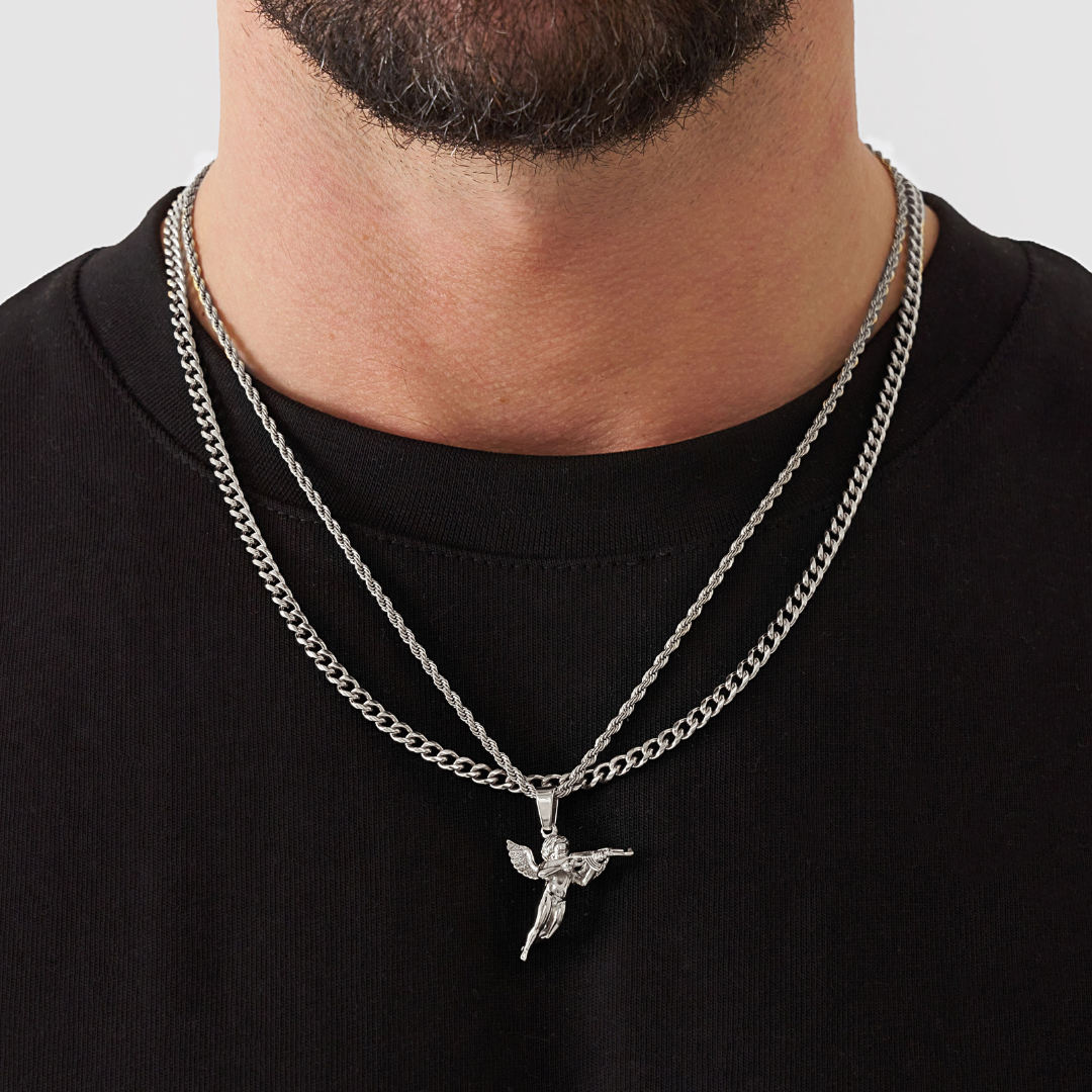 18K Gold Plated Stainless Steel Men's Anchor Necklace- Silver