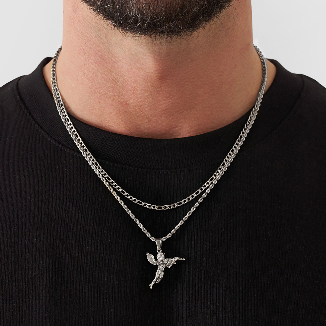 18K Gold Plated Stainless Steel Men's Anchor Necklace- Silver