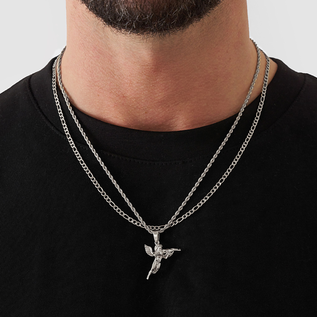 18K Gold Plated Stainless Steel Men's Anchor Necklace- Silver