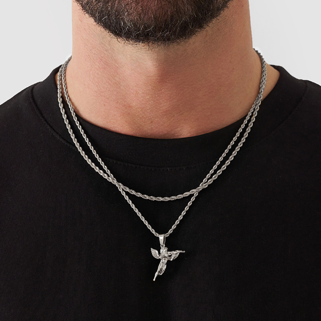 18K Gold Plated Stainless Steel Men's Anchor Necklace- Silver