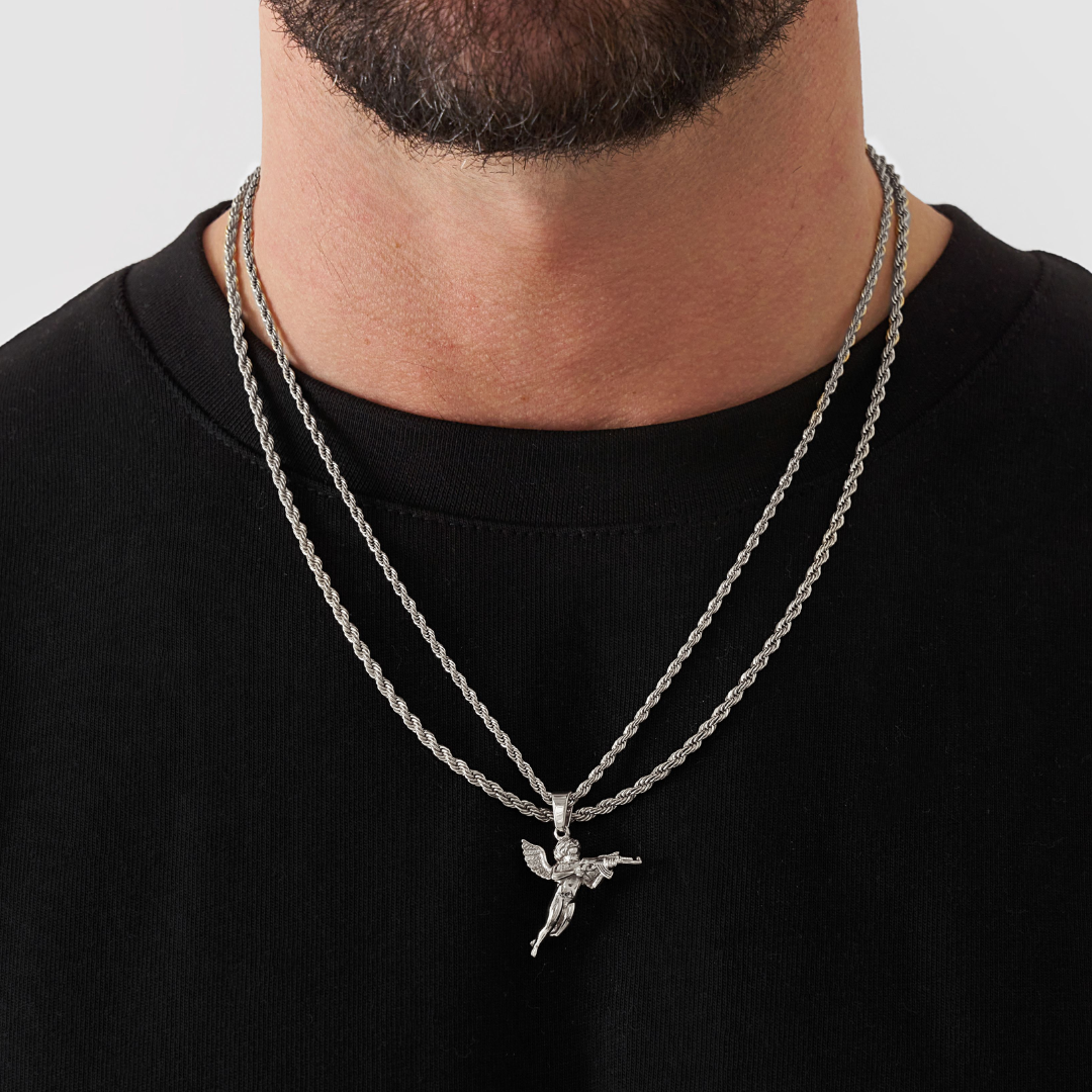 18K Gold Plated Stainless Steel Men's Anchor Necklace- Silver