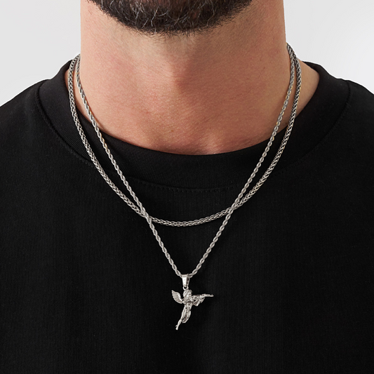 18K Gold Plated Stainless Steel Men's Anchor Necklace- Silver