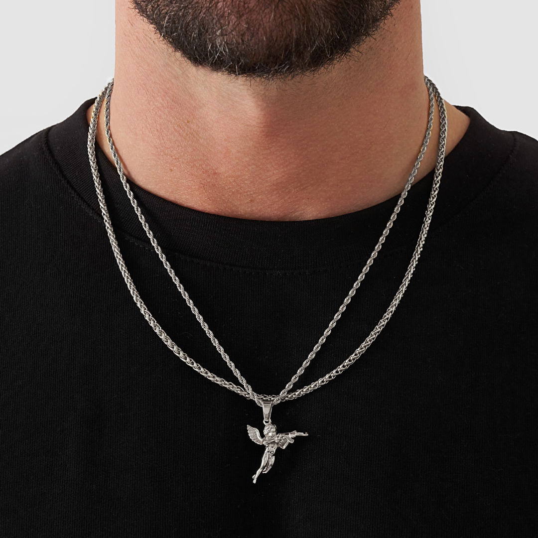 18K Gold Plated Stainless Steel Men's Anchor Necklace- Silver