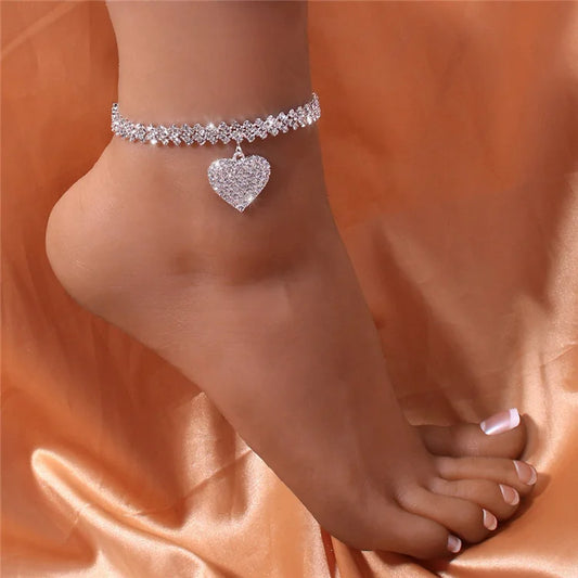 Charm Personality Foot Jewelry Bling Rhinestone Tennis Heart Anklet