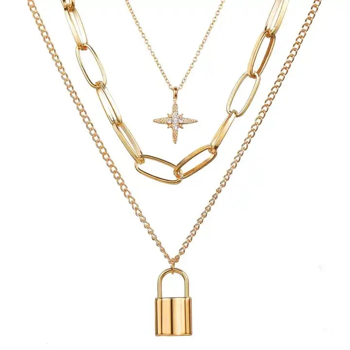 Gold Plated Layered Lock Chain Necklace