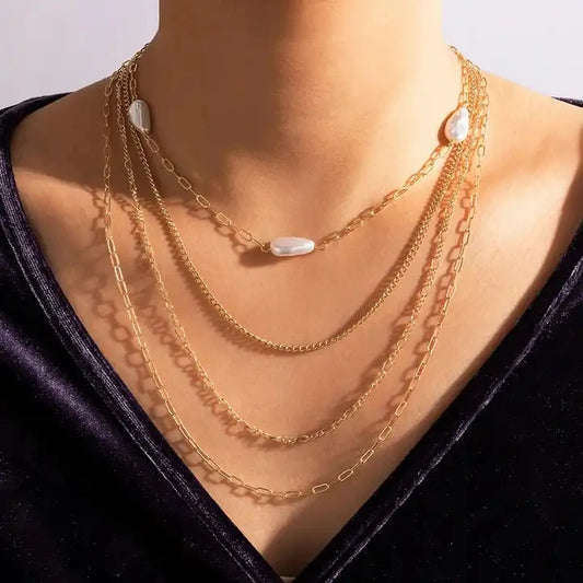 Multi-layered Link Chain Pearl Charm Necklace