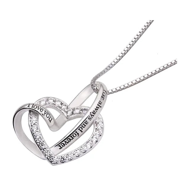 Sterling Silver "I Love You for and Forever" Love Heart Cubic Zirconia Necklace