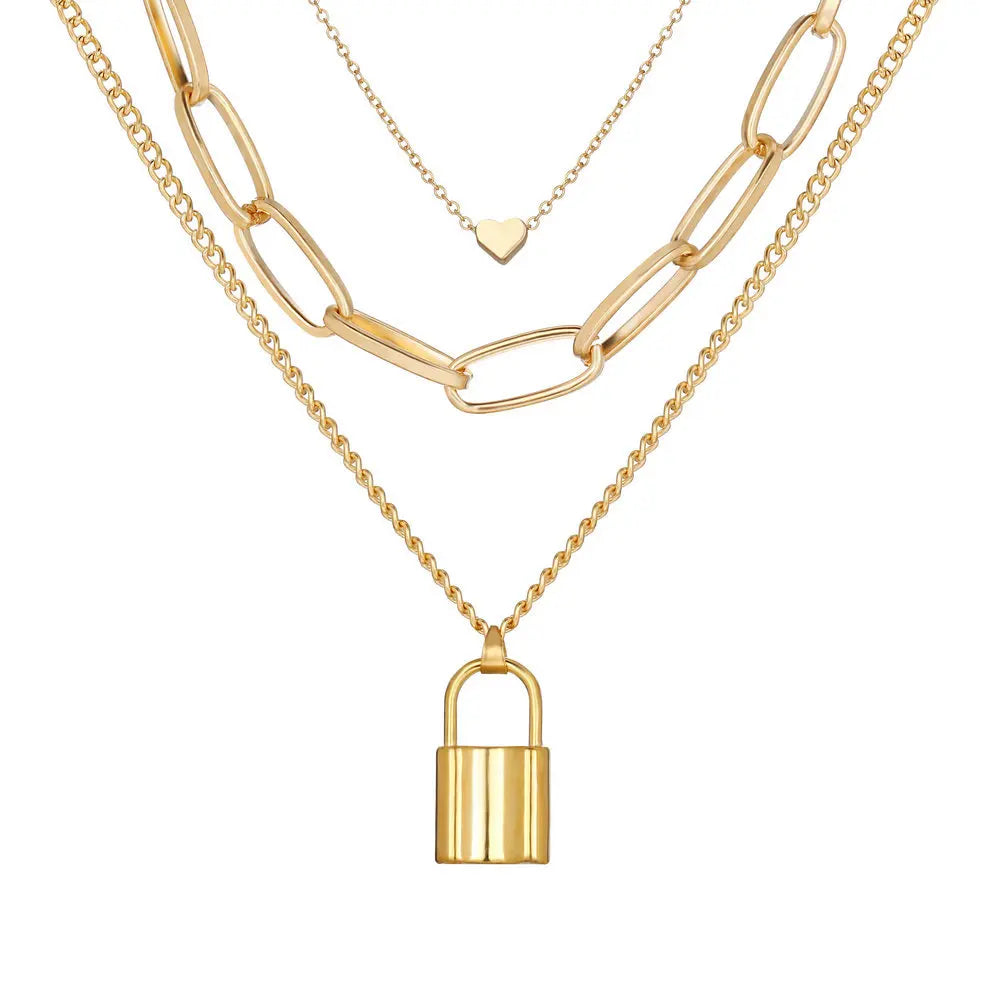 Gold Plated Layered Lock Chain Necklace