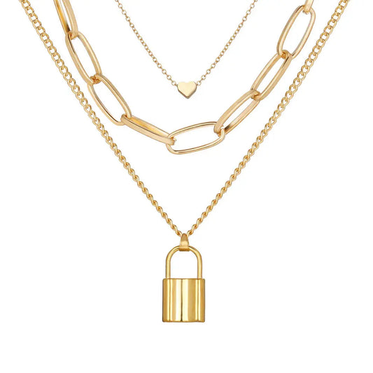 Gold Plated Layered Lock Chain Necklace