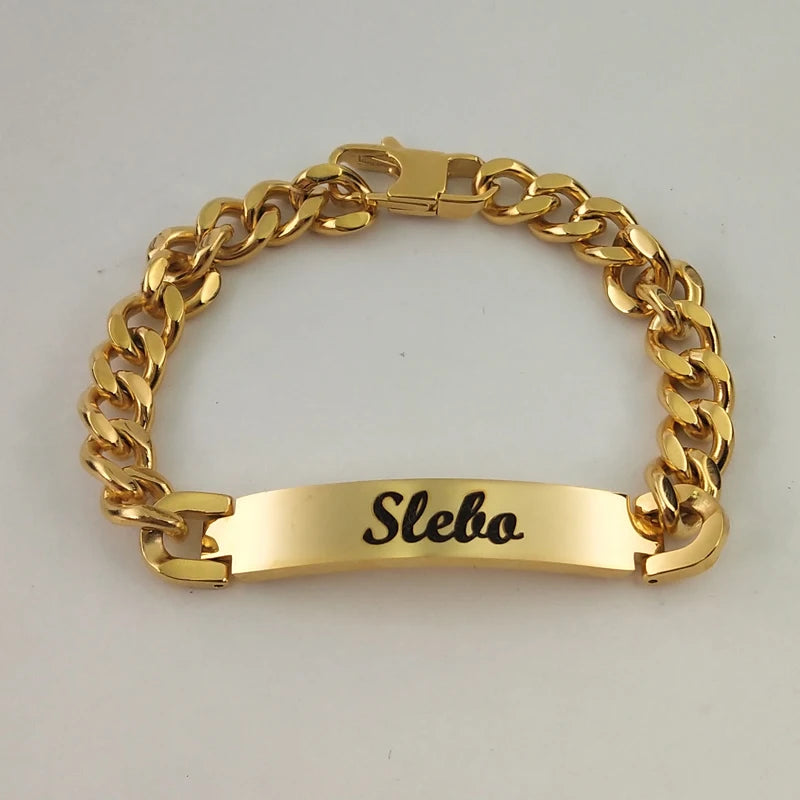 Customized Stainless Steel Men Bracelet 18K Gold Plated Thick Cuban Link Chain