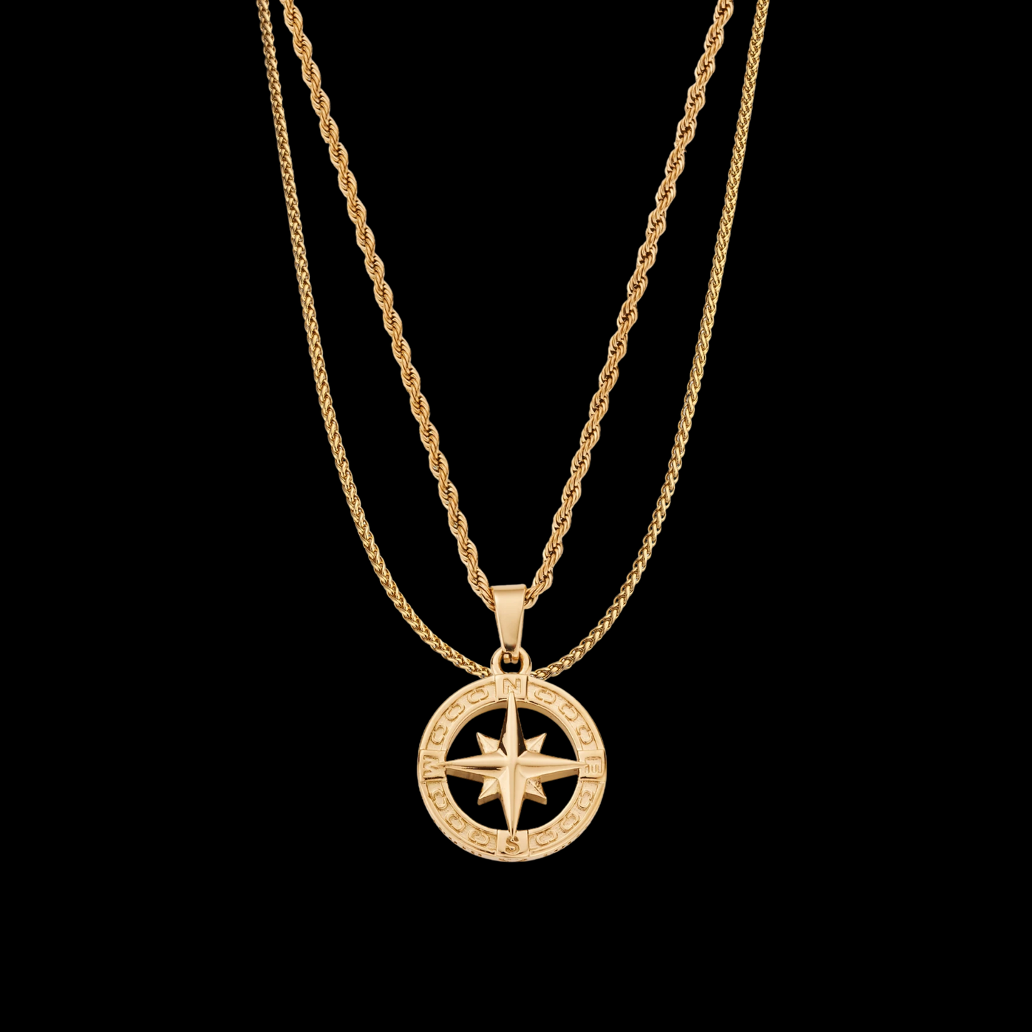 18K Gold Plated Compass North Star Crucifix Necklace Stainless Steel