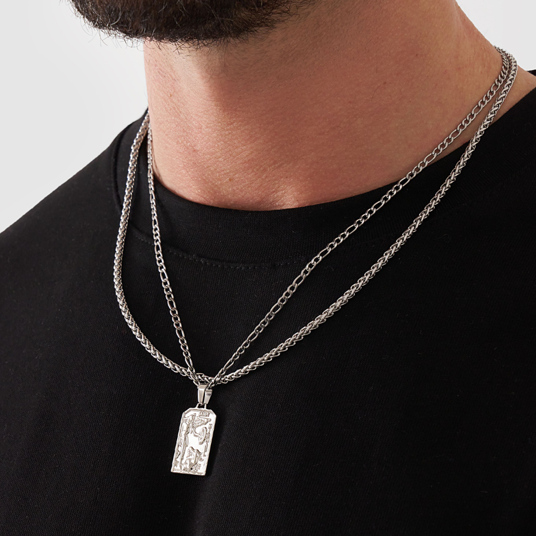 18K Gold Plated Stainless Steel Men's Anchor Necklace- Silver