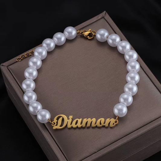 Custom Name Bar Bracelet with Pearl – Stainless Steel Gold & Silver Personalized Gift for Women & Men