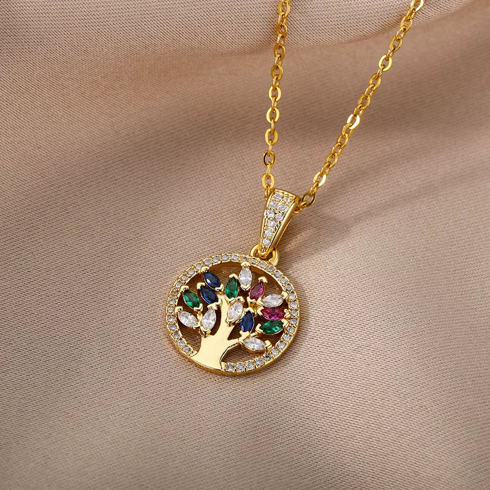 Brass Necklace with Color Zircon Inlaid Hollow Tree Pendant