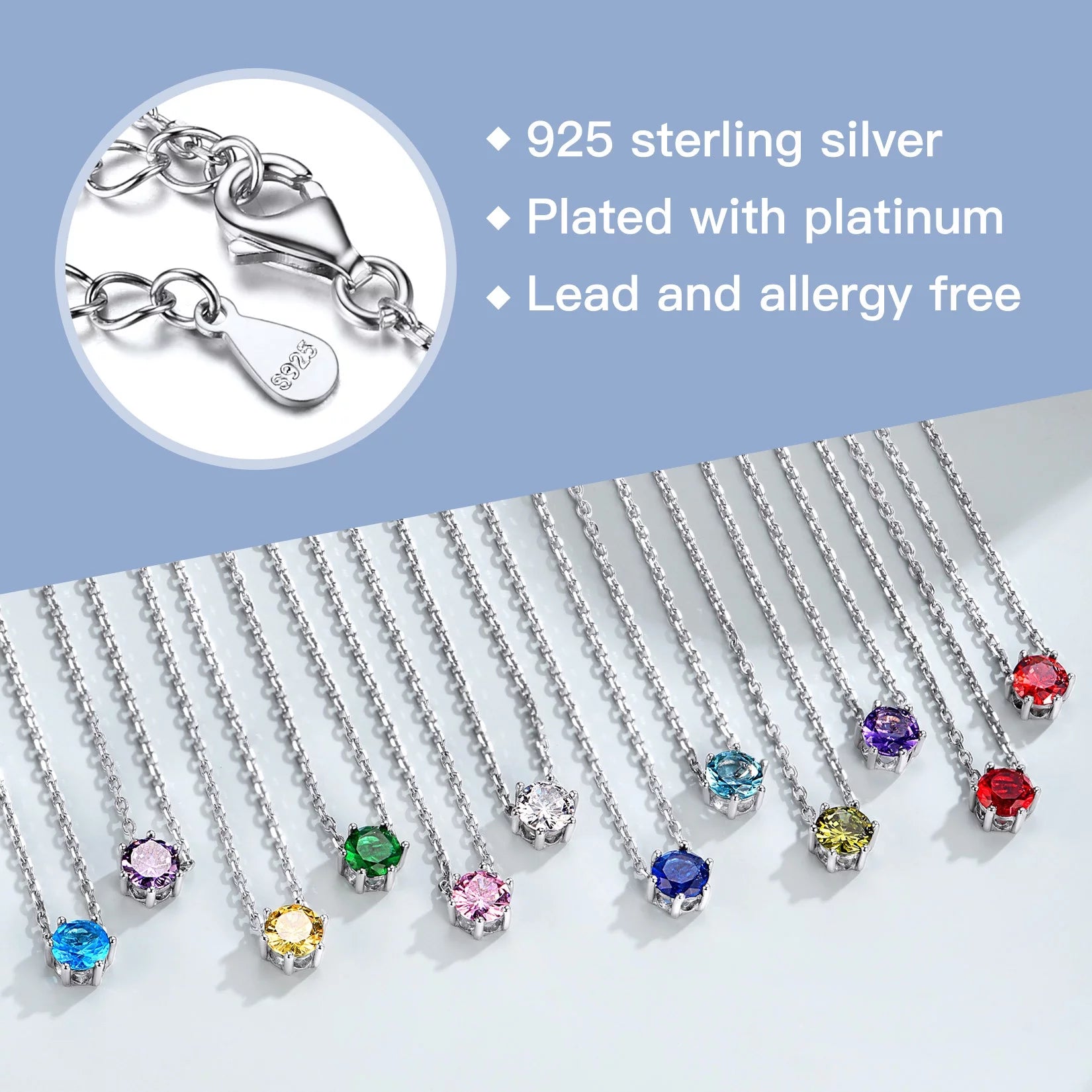 925 Sterling Silver Birthstone Necklace, Dainty Small Crystal Jewelry