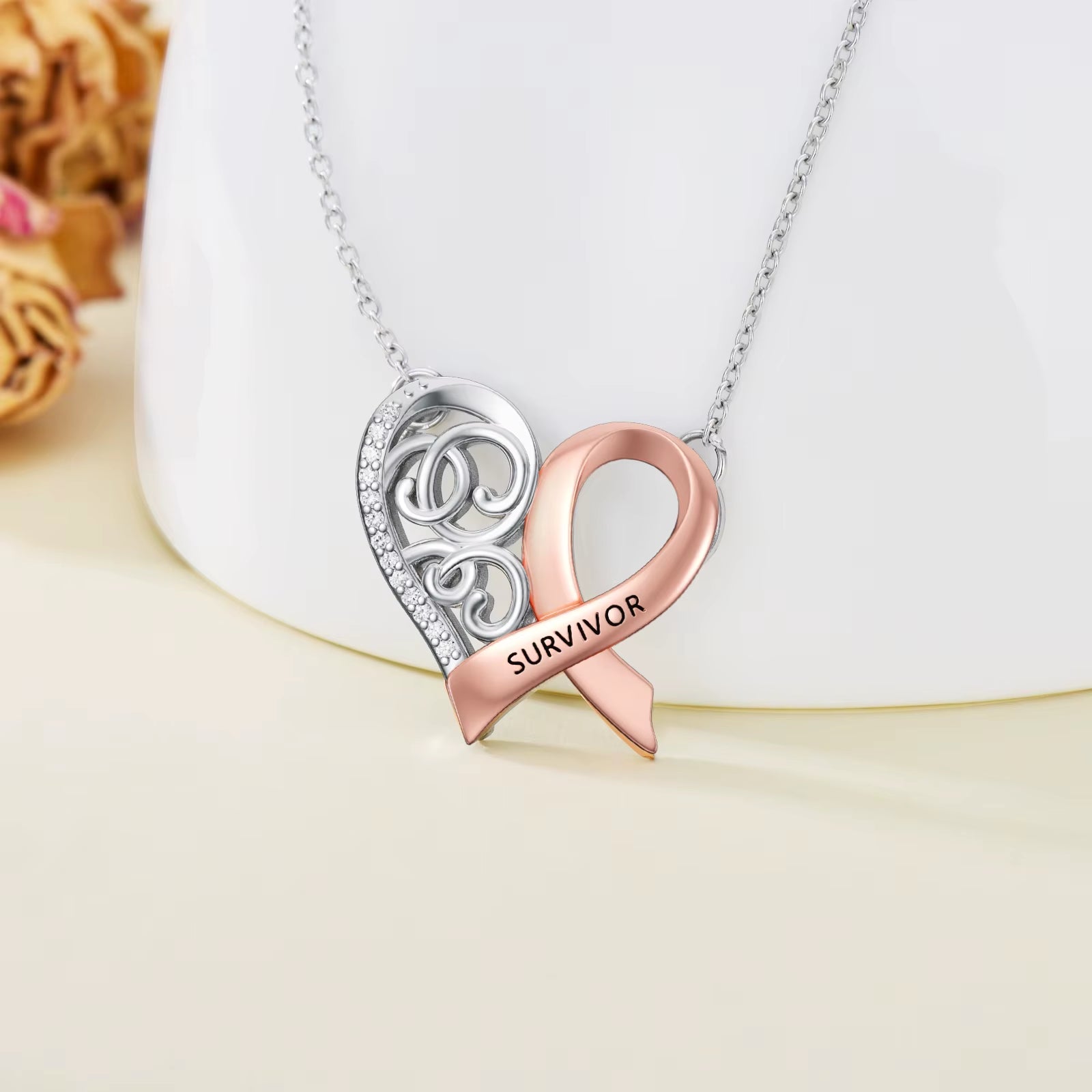 Fine Jewelry Gift 925 Sterling Silver Two Tone Heart Ribbon Necklace for Women